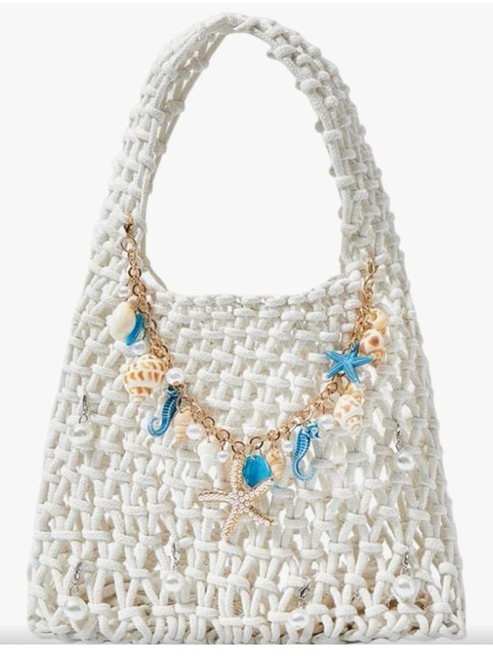 Women’s Crochet Starfish Tote Bag with Chain Charm - White